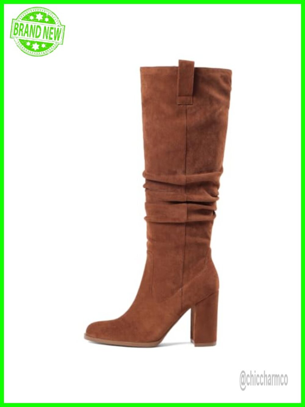 Faux Suede Knee High Slouch Boots Chunky Block Heel Side Zip